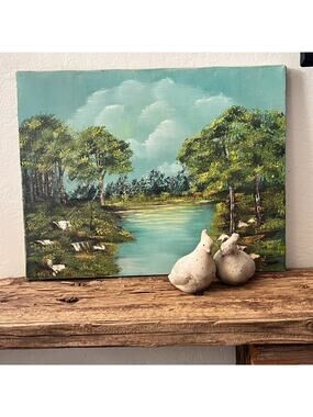 Original Oil Painted Canvas Landscape Calm River Scene 18x14"